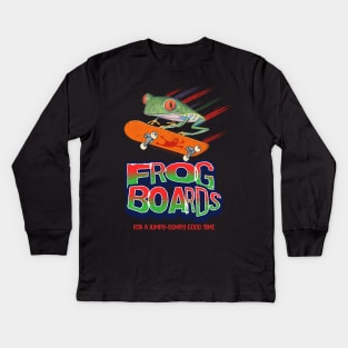 Cute and Funny red eyed tree frog is having a good time on a skateboard with frog boards having a jumpy and bumpy good time Kids Long Sleeve T-Shirt